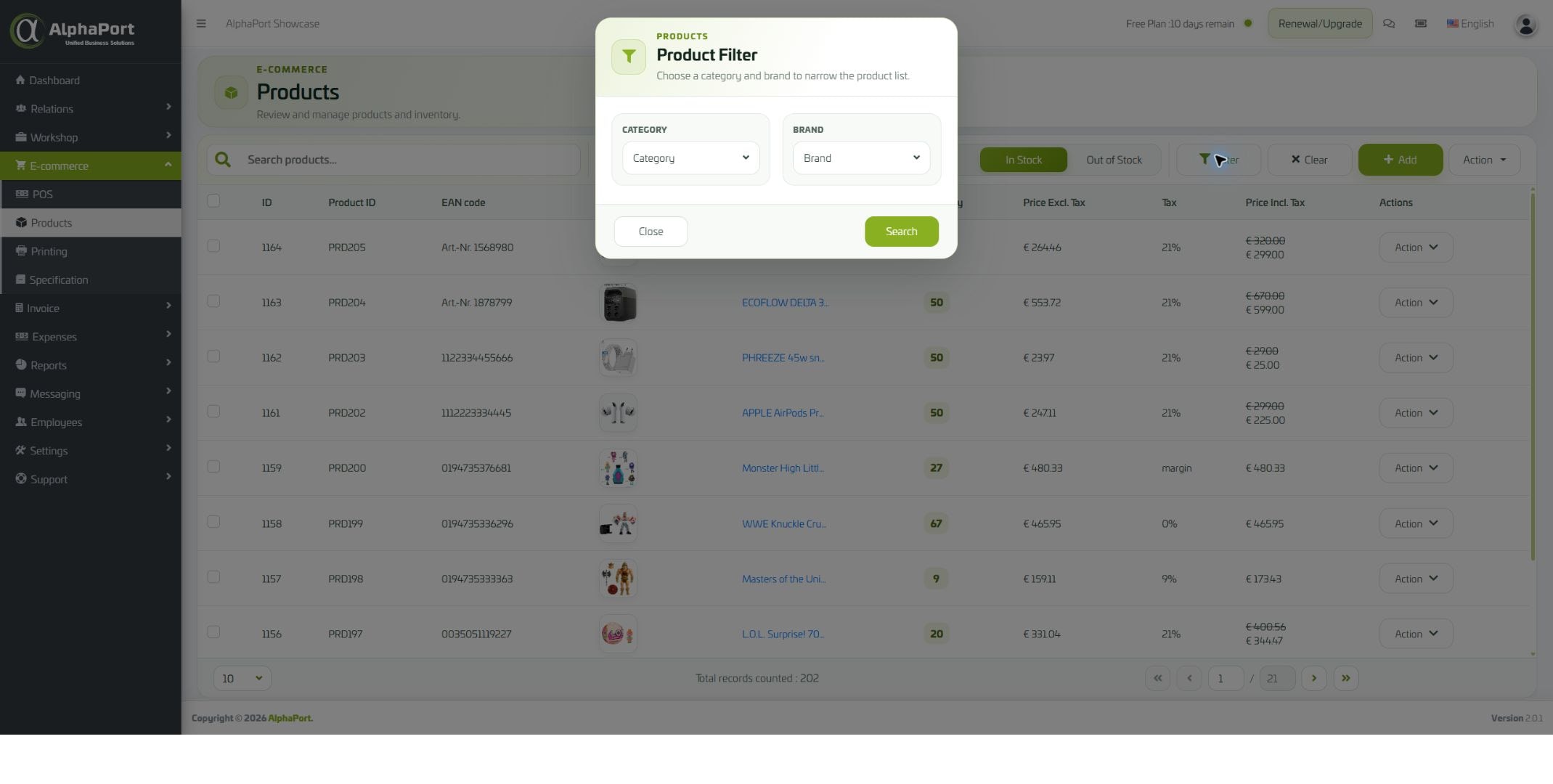 پنجرهٔ فیلتر محصول